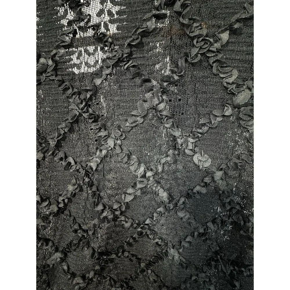 L3 Vintage Women’s Black Lace Top With Appliqué Ruffles And Gold Buttons Size L